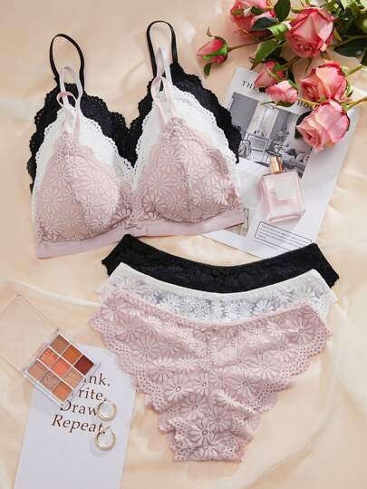 3sets Bloemen Kanten Scallop BH Slipje Lingerie Set