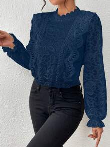 SHEIN Clasi Guipure Lace Insert Flounce Sleeve Blouse - Navy Blue - View 3