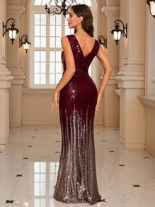 UNITHORSE 女士V领无袖亮片连衣裙 派对礼服 婚礼宾客礼服 正式礼服 晚礼服 春季 - 酒紅色 - 查看 3