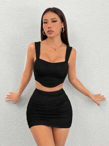 SHEIN PETITE 女款純色修身無袖上衣與貼臀裙 2件/套，適合嬌小女性 - 黑色 - 查看 3