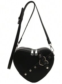 ROMWE Grunge Punk New Hot Gothic Style Rivet Heart Shaped Shoulder Bag For Women, Fashion Crossbody Bag Valentines, Heart Purse, Perfectly Match With Valentine Day Dress - Black - View 1