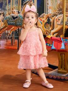 SHEIN 3d Rose Flower Decor Pink Floral Layered Dress Baby Girl Dress - Pink - View 4