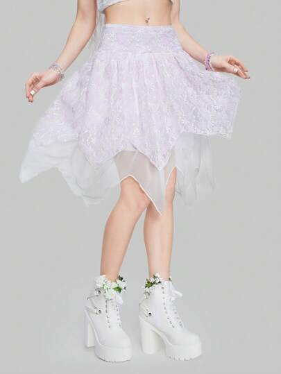 Fairycore Jupe asymétrique à dentelle florale pour femme