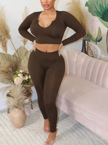 SHEIN Slayr Bộ đồ hai mảnh cổ khoét dài tay ôm vừa vặn dành cho nữ - Cà phê nâu - Xem 1