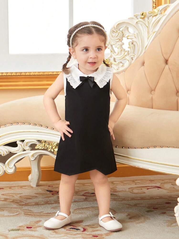 Baby Girls' Elegant Color Blocking Lace Trim Peter Pan Collar Sleeveless Dress