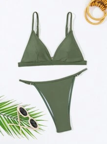 SHEIN Swim Bộ bikini hở lưng cổ chữ V màu trơn mùa hè dành cho nữ - xanh quân đội - Xem 7