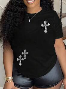 Maweii Plus Size Cross Design Short Sleeve T-Shirt - Black - View 1