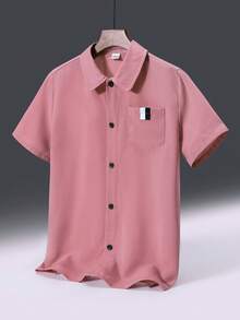 SHEIN 2入組鬆身休閒立領短袖襯衫,帶有口袋,適用於青少年男孩