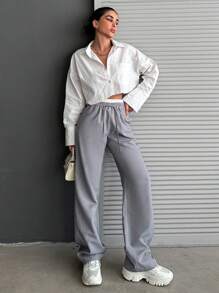 CasuGlow Pantalones Anchos Con Bloques De Color Y Cordón Para Mujer - Gris - Ver 3