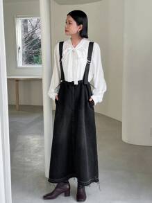 FRIFUL Women'S Long Denim Overalls Dress With Back Zipper Dress - Black - View 2