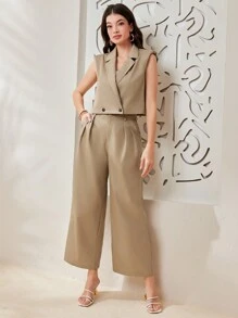 Mulvari 女性填充肩襯西裝背心和寬腳褲套裝 - 咖啡棕 - 查看 6