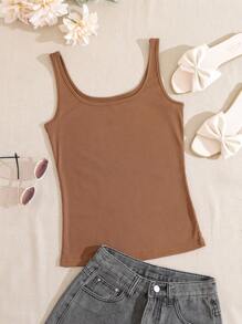 INAWLY Áo hai dây Gân đan màu trơn Giải trí - màu nâu - Xem 3