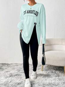 SHEIN Essnce Women's Letter Printed Split Top And Solid Color Leggings 2pcs Set - Mint Blue - View 3