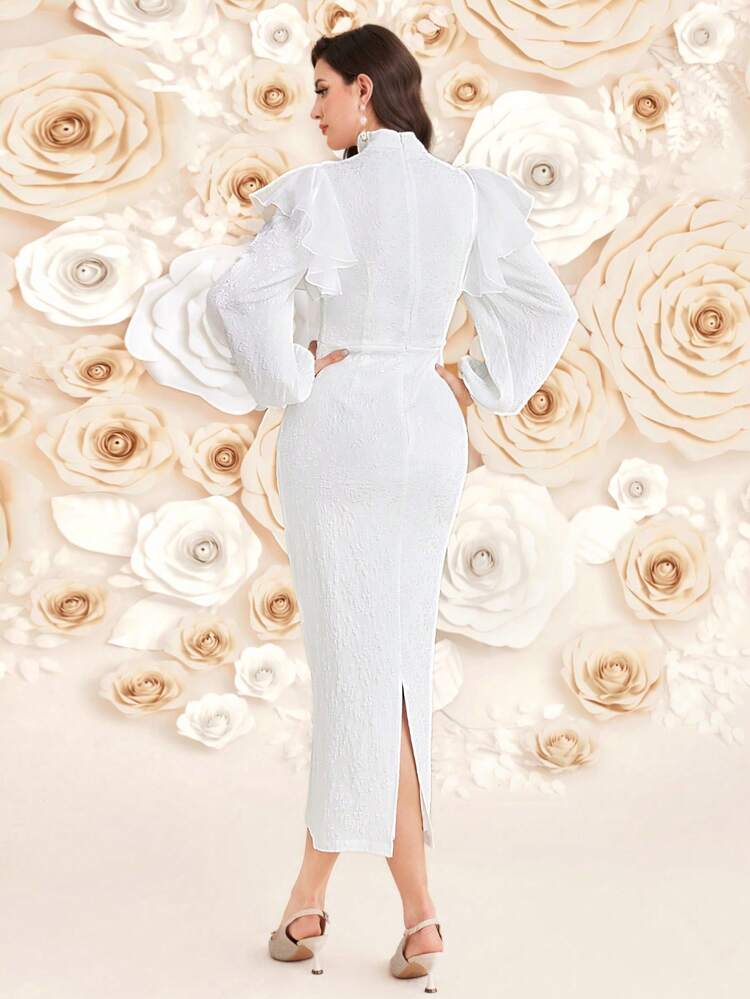 Women'S Lantern Sleeve Dress With Ruffle Hem Detail