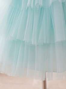 SHEIN Glamorique Kids 少女們華麗的帽式短袖人魚公主圓舞裙,帶海貝珠和網紗,紫色/綠色