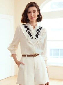 MOTF PREMIUM WOMEN'S WOVEN FLORAL EMBROIDERY RUFFLE TRIM LANTERN SLEEVE BLOUSE - Beige - View 5