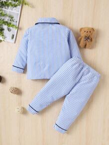 嬰兒男孩藍白條紋口袋和小熊圖案長袖睡衣套裝連長褲 - 藍白色 - 查看 2