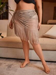 SHEIN Swim Curve Plus Size Women'S Fringed Hem Side-Tie Cover Up Skirt Wedding Summer - Brown - View 3