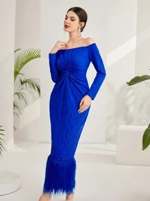 Modelyn Của phụ nữ Off Shoulder Tay áo dài Xoắn Nút eo Đầm - Màu xanh lam - Xem 3