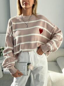 EURMUSE Maglione A Righe Con Stampa A Cuore, Spalle Basse E Taglie Grandi - Rosa antico - Visualizzare 3