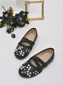 Zapatos Planos Para Niñas Con Correa Cruzada De Perlas Doradas Para Bodas, Escenificaciones Y Princesas