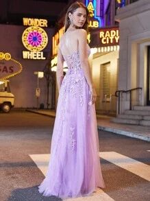 Women's Floral Applique High Slit Mesh Bustier Evening Gown - Lilac Purple - View 3