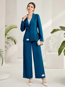 Mulvari 女士高腰斜口袋西裝褲 - 藍色 - 查看 3