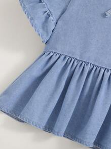 SHEIN 少女寬鬆蝴蝶結休閒牛仔短袖上衣,荷葉邊下擺 - 藍色 - 查看 6