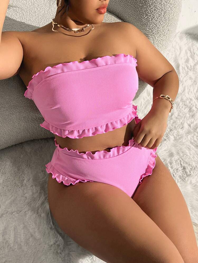Plus Size Women'S Ruffled Bandeau Bikini Set,Summer Beach