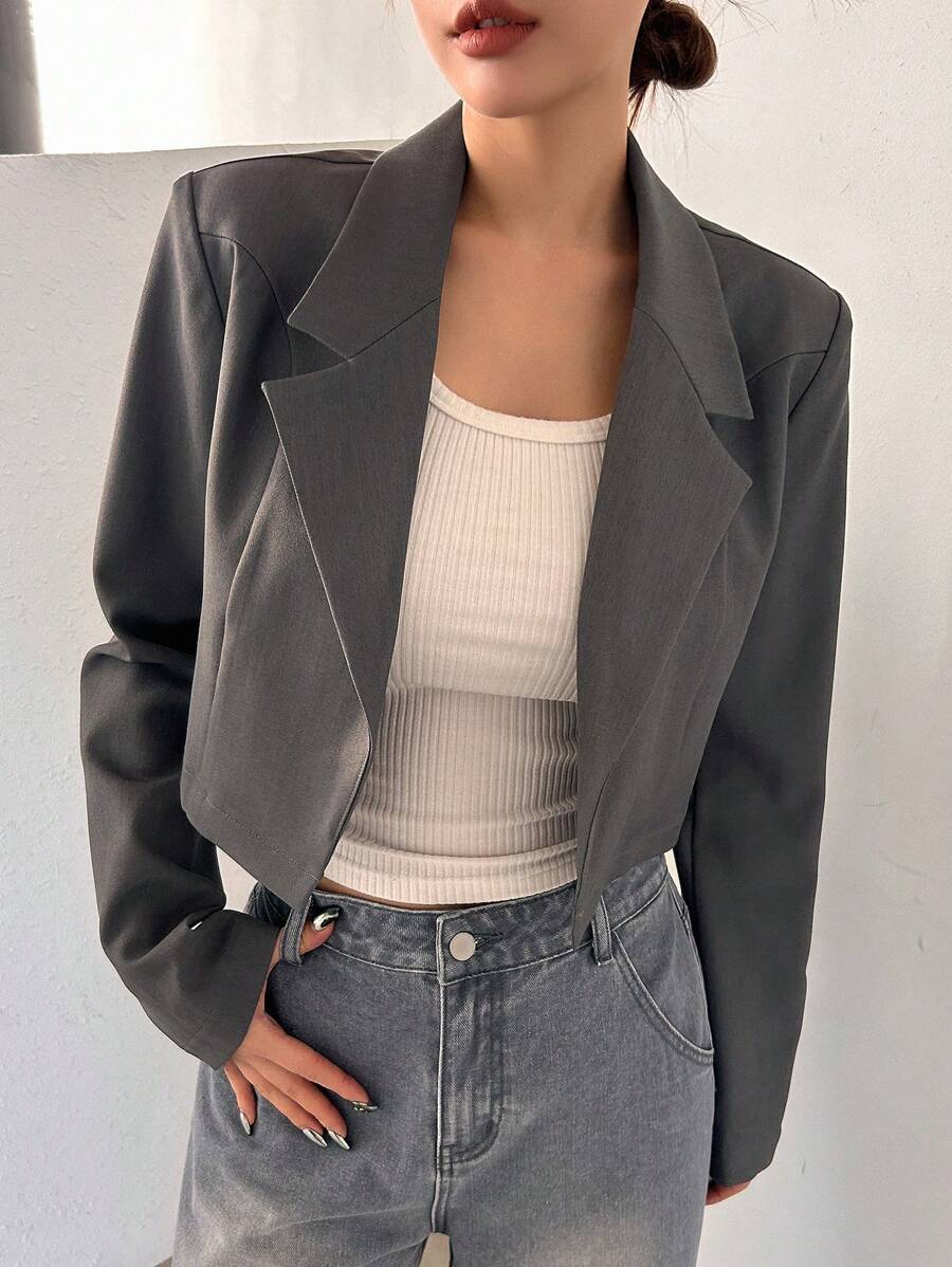 DAZY Solid Color Short Blazer Jacket With Notched Collar, Fall Clothes Business Attire