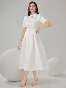 Modelyn 女款純色褶皺泡泡袖連身裙 - 白色 - 查看 4