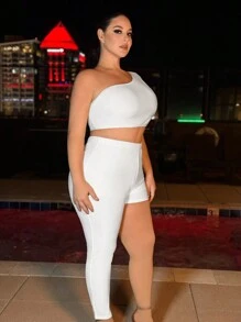 SHEIN SXY مجموعة توب بزينة اللؤلؤ العالي الخصر للنساء بحجم زائد تصميم كتف واحد وسروال - أبيض - مشاهدة 4