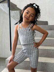 SHEIN Explorewe Conjunto De Dos Piezas Para Niña Con Top Y Pantalón De Canalé Gris - Gris - Ver 4