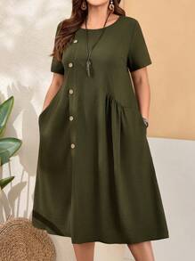 EMERY ROSE Vestido verde para mujer de talla grande, con bolsillos, manga corta, cuello redondo, ajuste holgado y aberturas laterales, ideal para la primavera - Verde militar - Ver 3