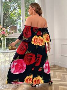 Breezaya 女士加大碼玫瑰花印花捶皺無肩帶連衣裙