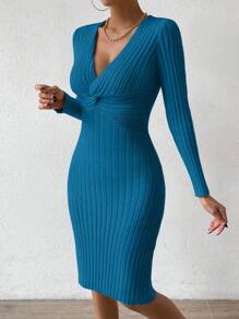 SHEIN Essnce Twist Detail Long Sleeve Sweater Dress - Blue - View 4