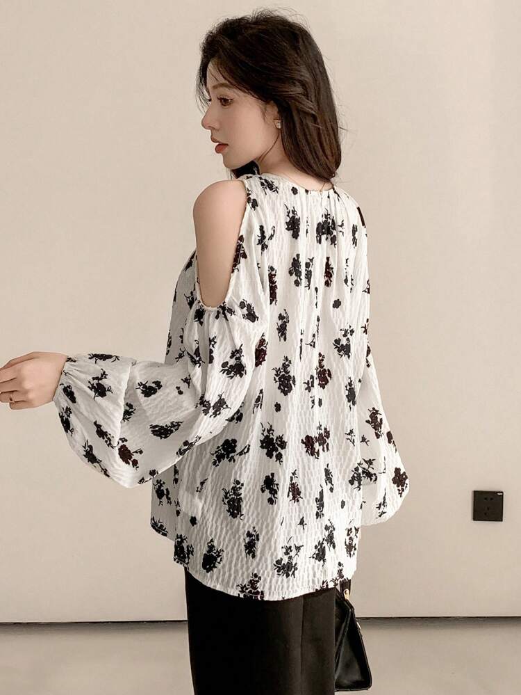 Loose Fit Hollow Out Shoulder Floral Print Long Sleeve Round Neck Blouse