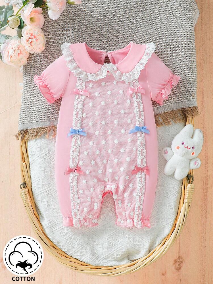 Baby Girl Pink Lace Romper With Peter Pan Collar And Bowknot For Spring/Summer