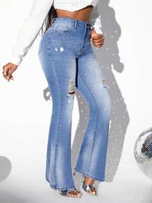 SHEIN SXY Damski Zakłopotany Flared Jeans Z Umyty Efekt