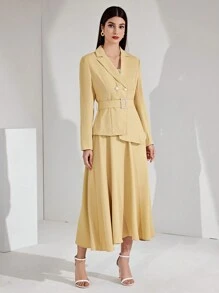 Modelyn Của phụ nữ Màu thuần Đôi ngực Bộ đồ Áo khoác Với Cổ bẻ Và Chiều dài đầu gối Váy - Màu Khaki - Xem 7