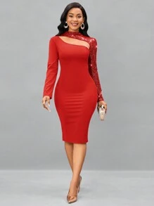 SHEIN Lady Women'S Patchwork Sparkly Hollow Out Bodycon Dress - Red - View 4
