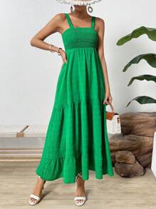 SHEIN VCAY Của phụ nữ Nếp uốn Xù Hoa Sen Váy Dây - màu xanh lá - Xem 3