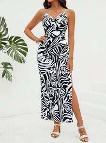 SHEIN VCAY Women's Cross Back High Slit Cami Dress - Black and White - View 2