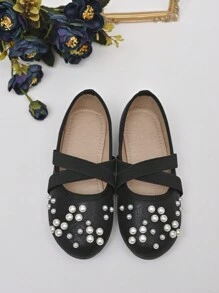 Zapatos Planos Para Niñas Con Correa Cruzada De Perlas Doradas Para Bodas, Escenificaciones Y Princesas