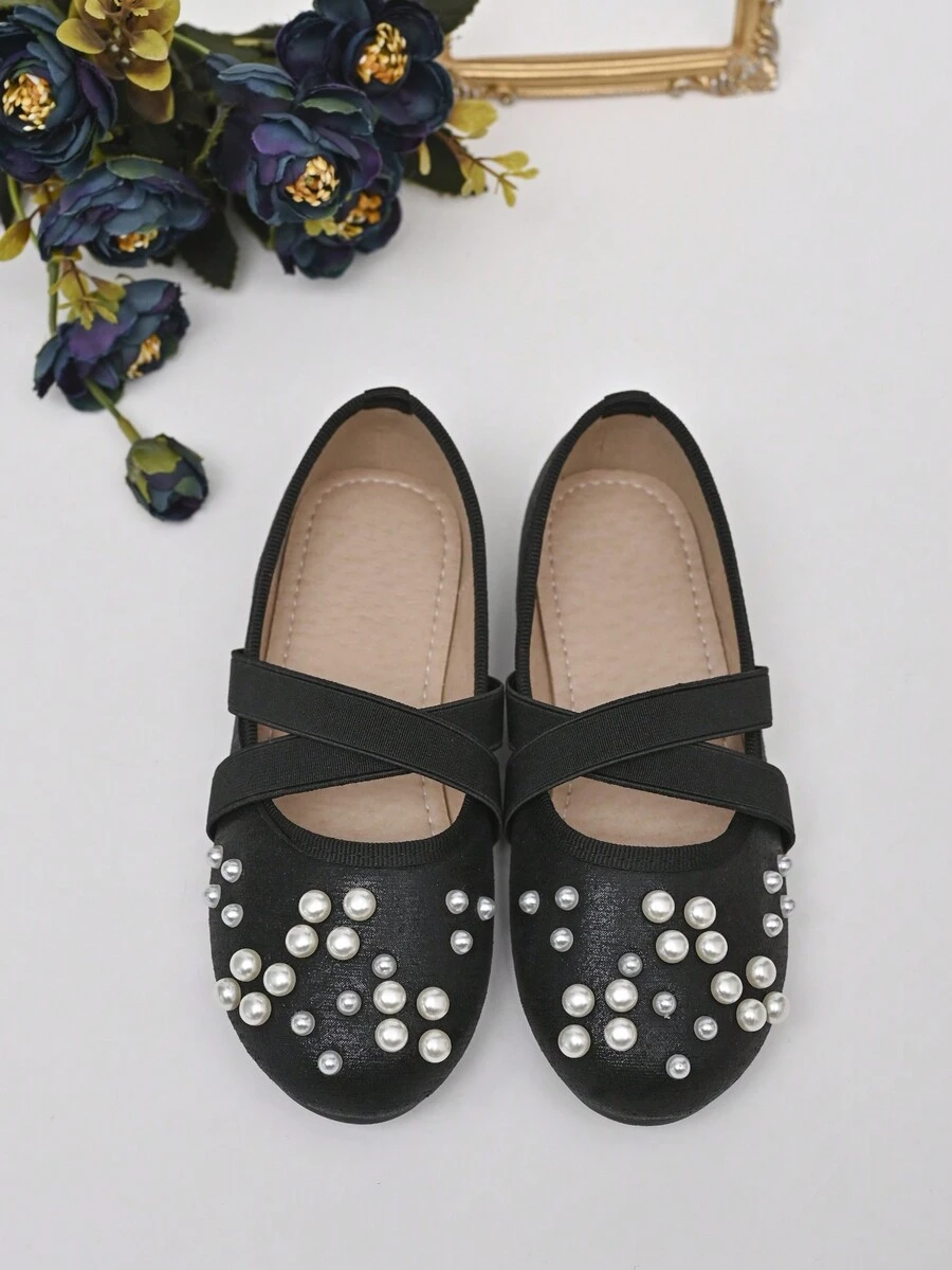 Zapatos Planos Para Niñas Con Correa Cruzada De Perlas Doradas Para Bodas, Escenificaciones Y Princesas