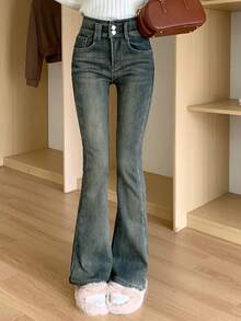 女式休闲复古水洗喇叭牛仔裤，带口袋 - 藍色 - 查看 3