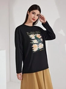 Mulvari 女士花卉和字母印花t恤 - 黑色 - 查看 6