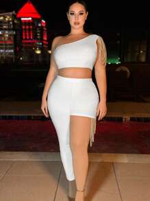SHEIN SXY مجموعة توب بزينة اللؤلؤ العالي الخصر للنساء بحجم زائد تصميم كتف واحد وسروال - أبيض - مشاهدة 5