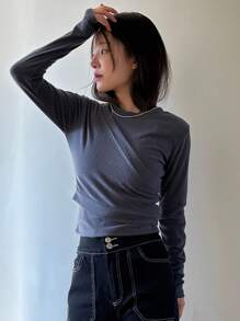 DAZY Bộ đồ hai mảnh màu trơn dành cho nữ, áo kiểu quấn, bộ đồ mặc nhà mùa thu cho nữ. - Xám - Xem 3