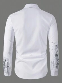 Manfinity Homme 男士休閒花卉圖案前開鈕扣長袖領襯衫，適合外出、秋季、正式場合 - 白色 - 查看 2